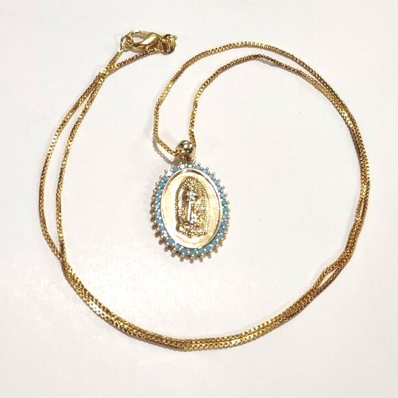 18k Gold Plated Necklace Virgin Mother Mary Cross turquoise Christian Gift NEW - Picture 4 of 7
